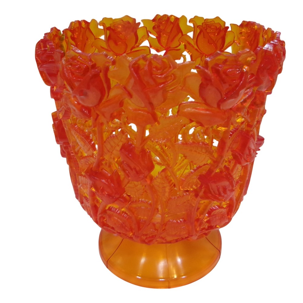 60s Orange Translucent Resin Molded Rose Openwork Pedestal Decorative Vase Pot
